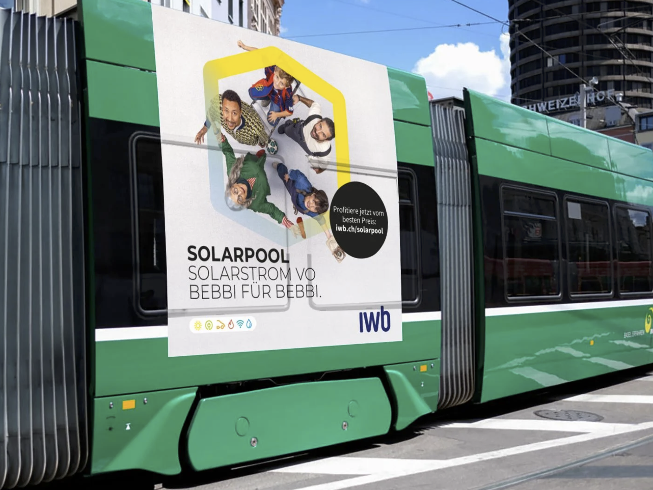 Tram in Basel wrapped in a solar power advertising campaign for IWB, corporate advertising photography