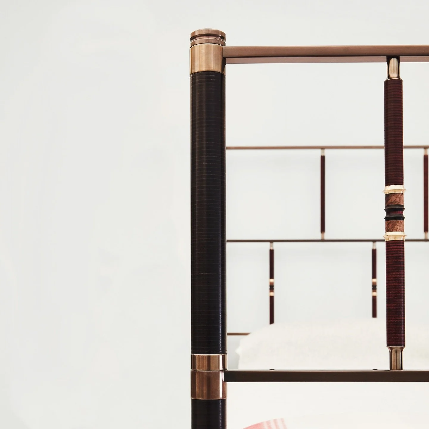 Rathan Bed

Turned leather and blackened brass headboard and footboard.

Decorative spindles with walnut, ebony, purpleheart and bronze detailing.

#bedsofinstagram #details #designinterior