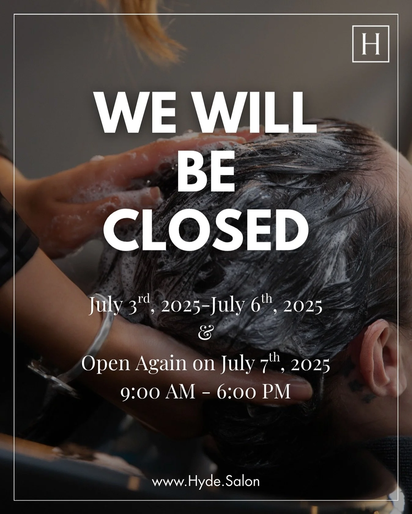 Fourth of July plans? Make sure your hair is invited to the party too π‍βοΈπ
Hyde will be closed July 3–6, and spots before the holiday are filling fast. Secure your appointment now — we’ll be back in the salon July 7th at 9 A