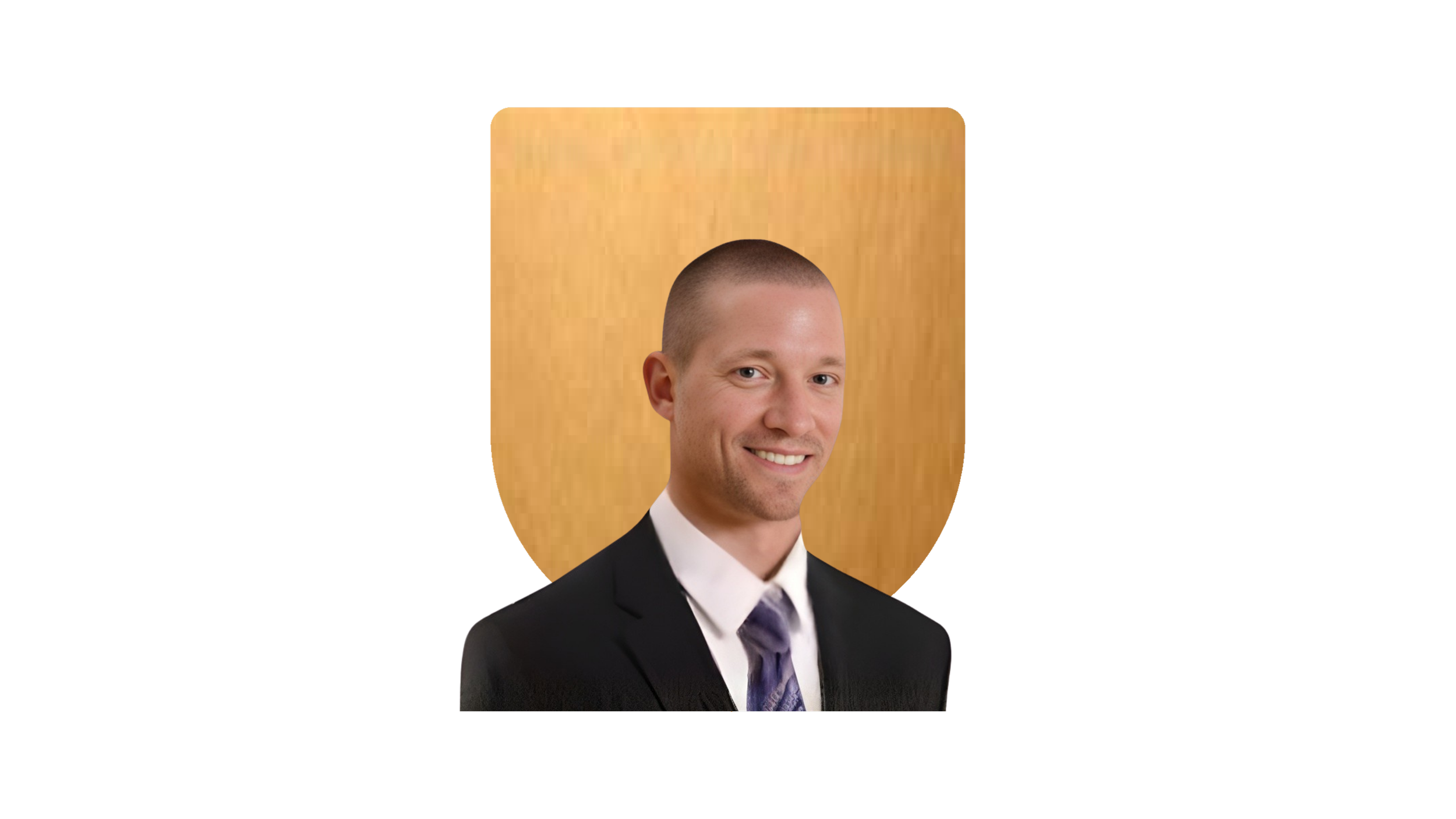 Portrait of a man in a suit and tie with a wooden shield background.