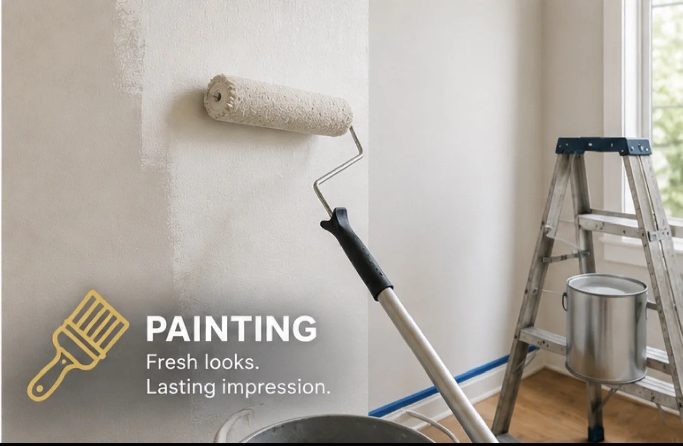 Painting a wall beige with a paint roller, ladder, and a paint bucket nearby, natural light coming through a window.