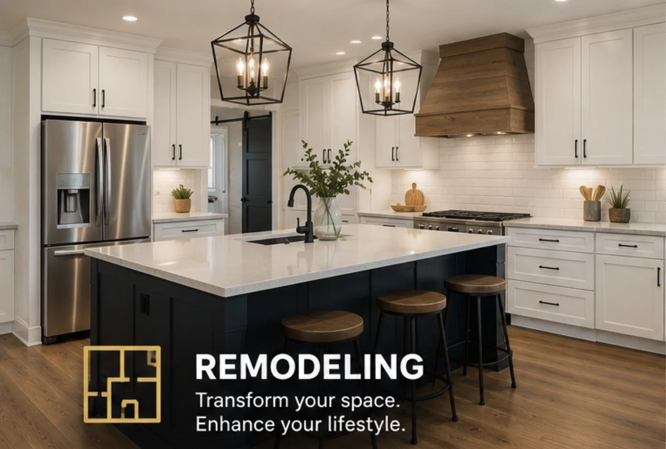 Modern kitchen with white cabinets, a large island with a white countertop and dark base, three brown bar stools, stainless steel refrigerator, black and wooden range hood, pendant lights, and decorative plants, featuring text about remodeling.