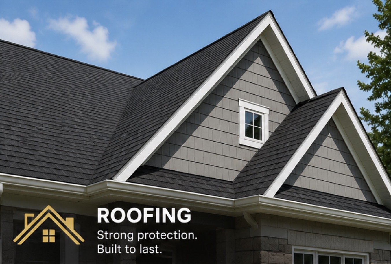 Close-up of a house roof with gray shingles, two dormer windows, and a blue sky background.