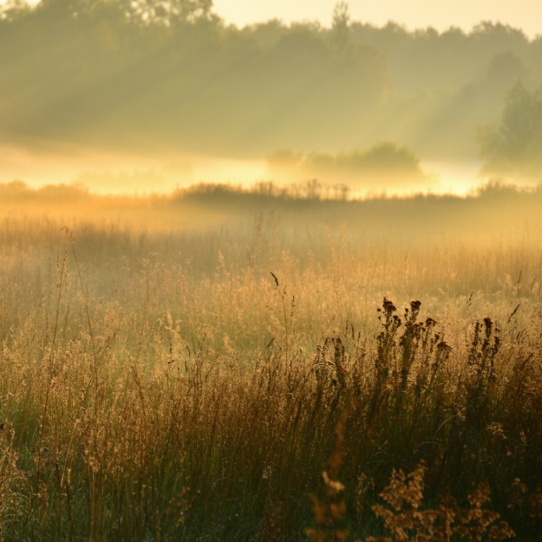 Sunrise over a grassy field with mist and trees in the background.
