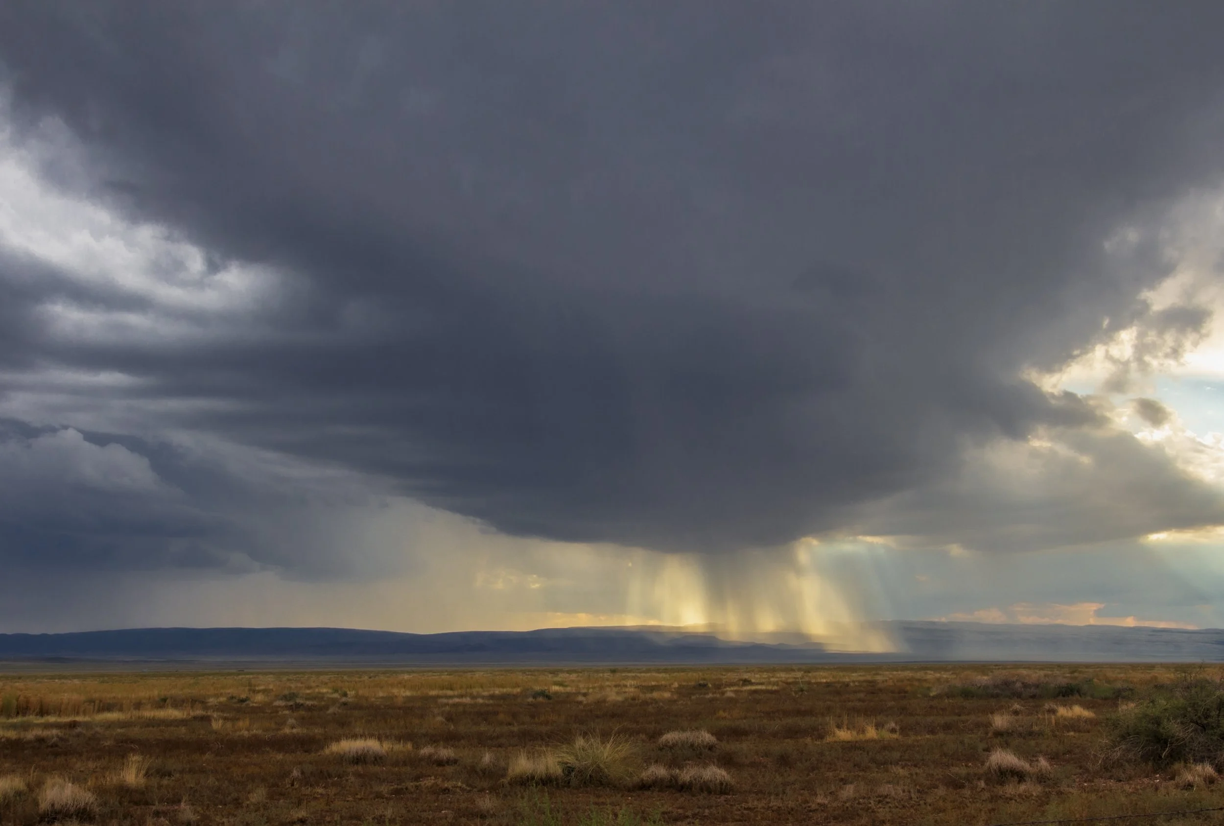 Petrichor (English scientific term) Pronounced: PET-rih-kor  
The scent of rain on dry earth.
