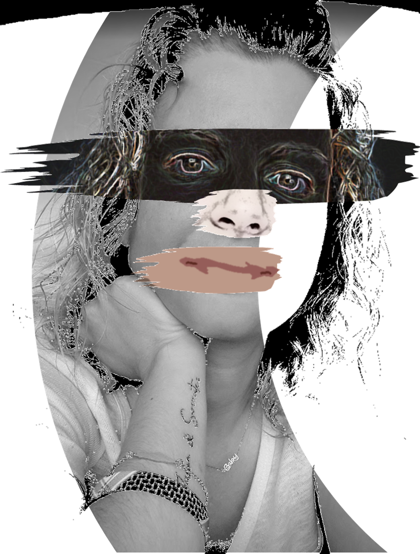 A digitally altered portrait of a woman with a glitch effect, showing her hand resting on her face, with a black strip covering her eyes and a distorted mouth, combining black and white with some color elements.