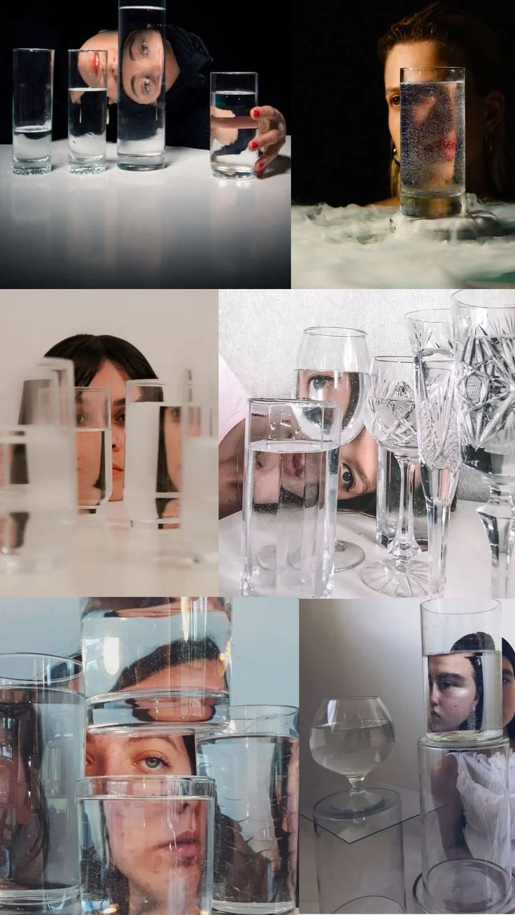 Collage of six photos showing women with faces and glasses of water, with reflections, distortions, and different glass arrangements.