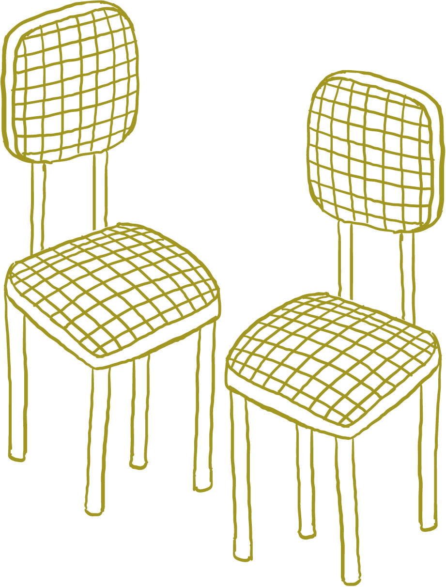 Line drawing of two chairs with grid-patterned seats and backrests, in a minimalist style.