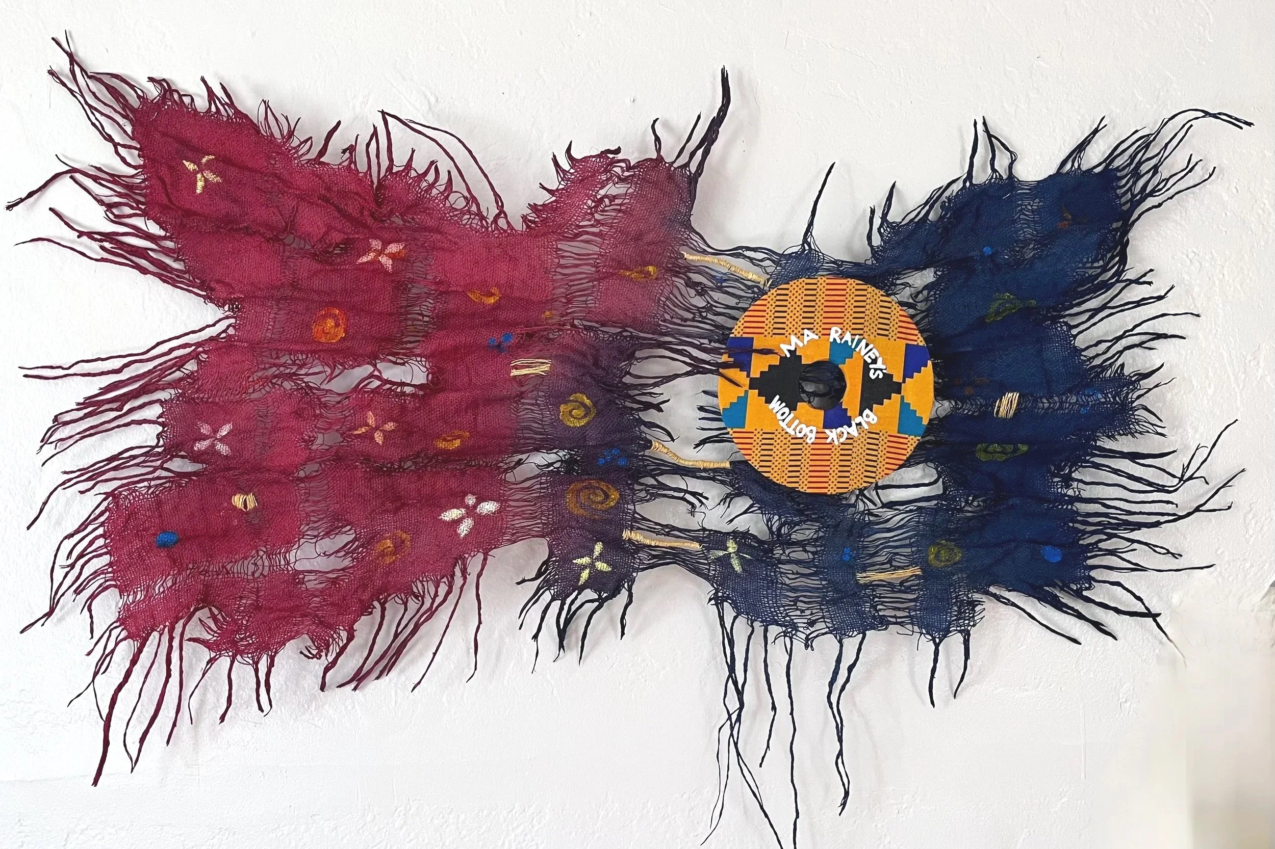 "Ma Rainey's Black Bottom", 2026 is an interpretation of August Wilson's play, set in 1972 Chicago. Materials: used jute sacks, African fabric, jute threads, glue, and acrylic paint. 