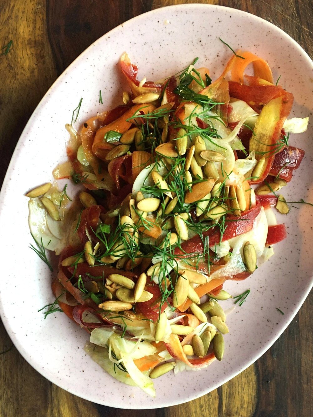 Shaved carrot &amp; fennel salad with toasted pepitas and cumin lime vinaigrette