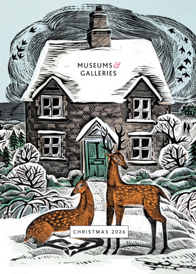 Drawing of a snowy winter scene featuring a house with a chimney, surrounded by snow-covered bushes and trees. Two brown deer are standing and lying in the snow in the foreground. The image promotes museums, galleries, and Christmas 2026.
