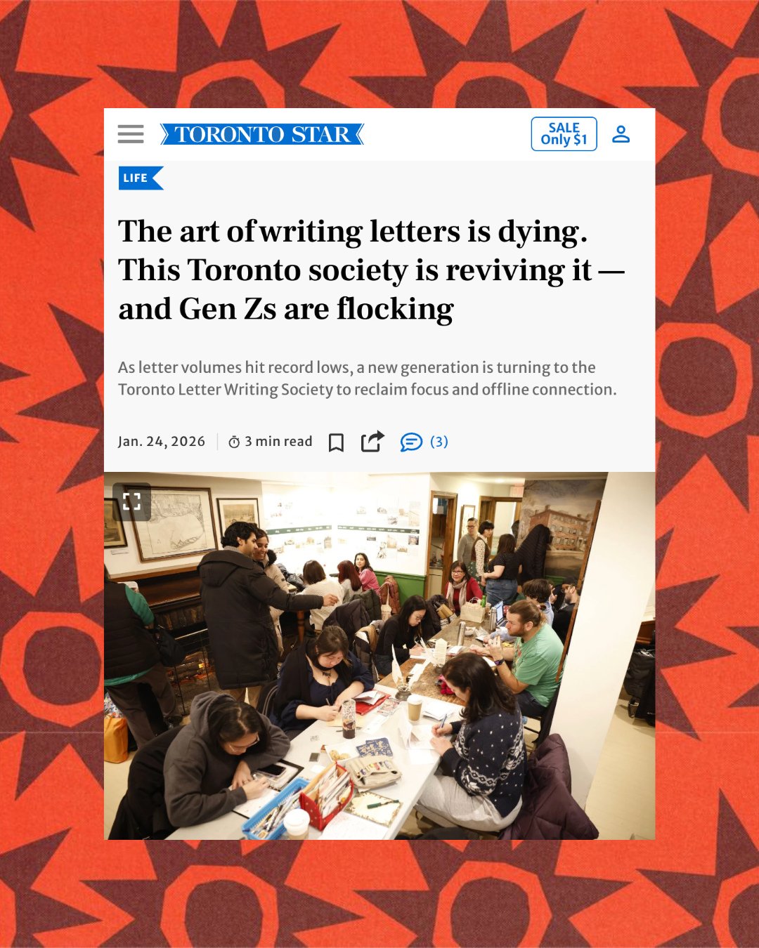 Love seeing @torontoletterwriters featured in @thetorontostar! Always inspiring to see people in our city celebrating the art of pen to paper.⁠
⁠
#papereclips #toronto #penandpaper #torontostar⁠
⁠