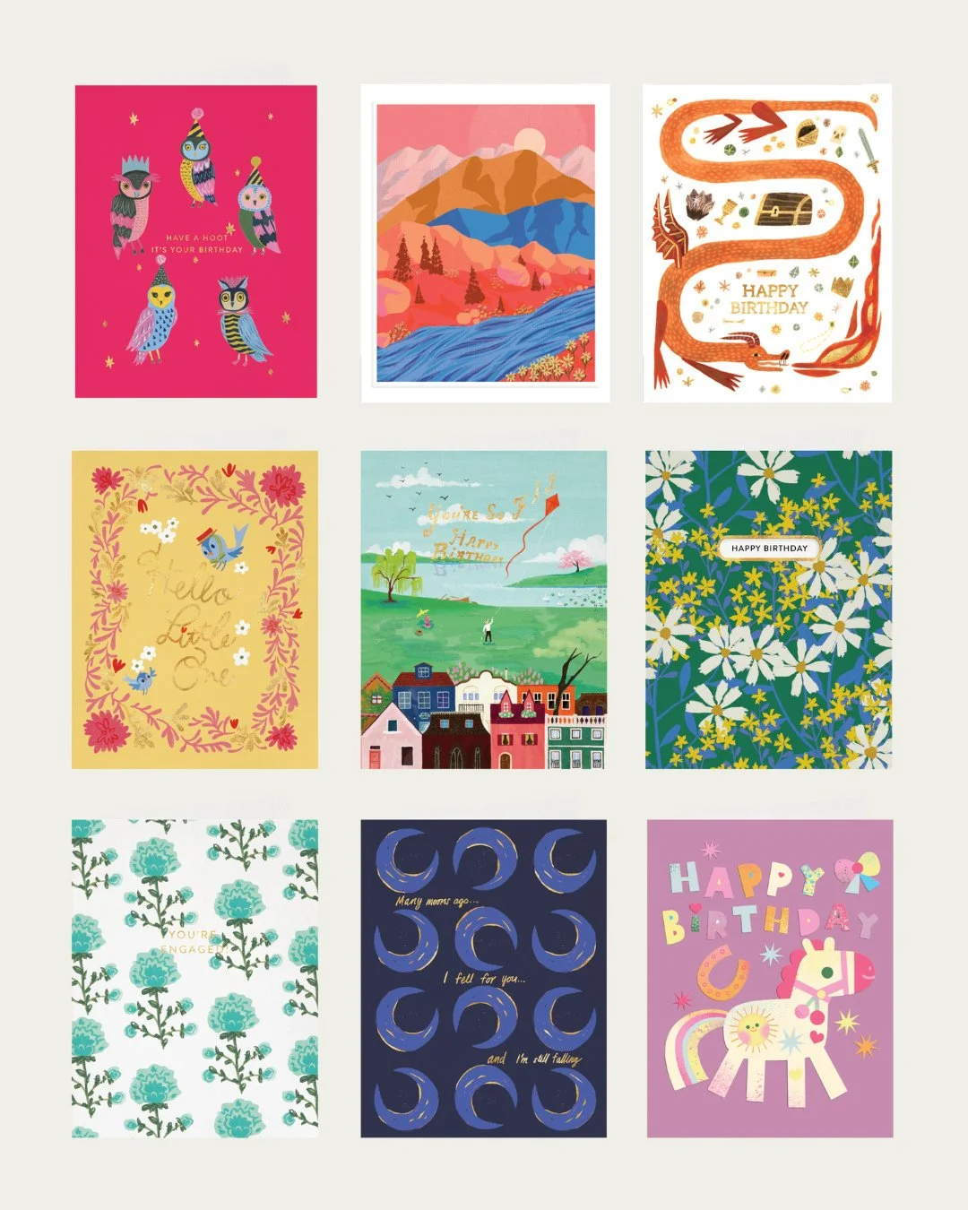 The rainbow of @halfpennypostage 🌈 Colourful cards designed in Canada, ready to brighten up your card walls. ⁠
⁠
#papereclips #stationerynerd #paperlove #stationery #stationeryaddicts⁠
#greetingcarddesign #greetingcardsofinstagram⁠
#greetingcardshop