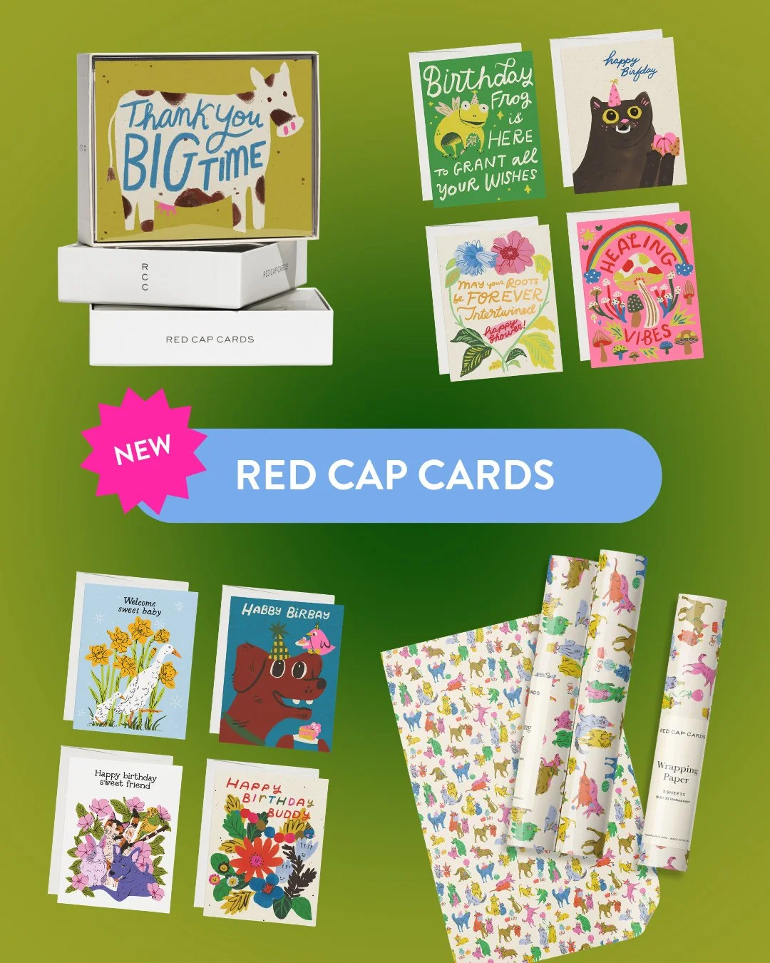 Red Cap Cards welcomes two artists to their latest summer release: Chi Nwosu (@itschinwosu) and Dylan Mierzwinski (@bydylanm)! 👋⁠
⁠
🎨Featuring 24 new greeting card designs and 1 wrap style, this collection will appeal to customers looking for uniqu