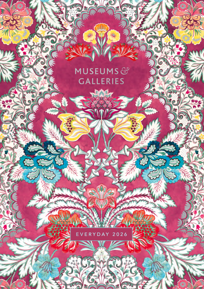 Cover of a 2025 daily planner with a blue background and white and pink flowering branches, titled "Museums & Galleries" and "Everyday 2025."