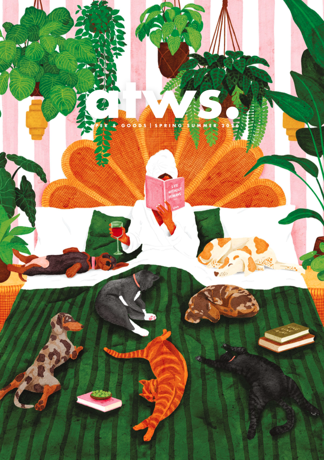 Colorful floral pattern with pink, purple, yellow, orange, and blue flowers, abstract watercolor style, with white text overlay reading 'atws. PAPER & GOODS / SS2025'.