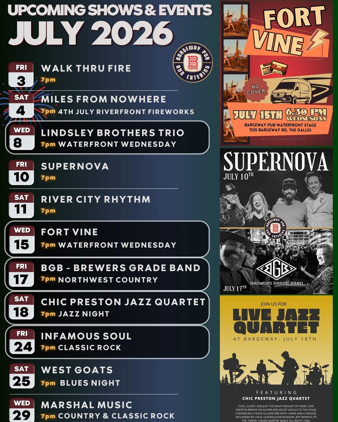 📅 THE JULY LINEUP:
Friday, July 3 @ 7pm: Walk Through Fire 
Saturday, July 4: 🎆 4th of July Riverfront Fireworks + MILES From Nowhere Band (7pm) 🎆
Wednesday, July 8 @ 7pm: @thelindsleybrothers Trio (Waterfront Wednesday) 

Friday, July 10 @ 7pm: @