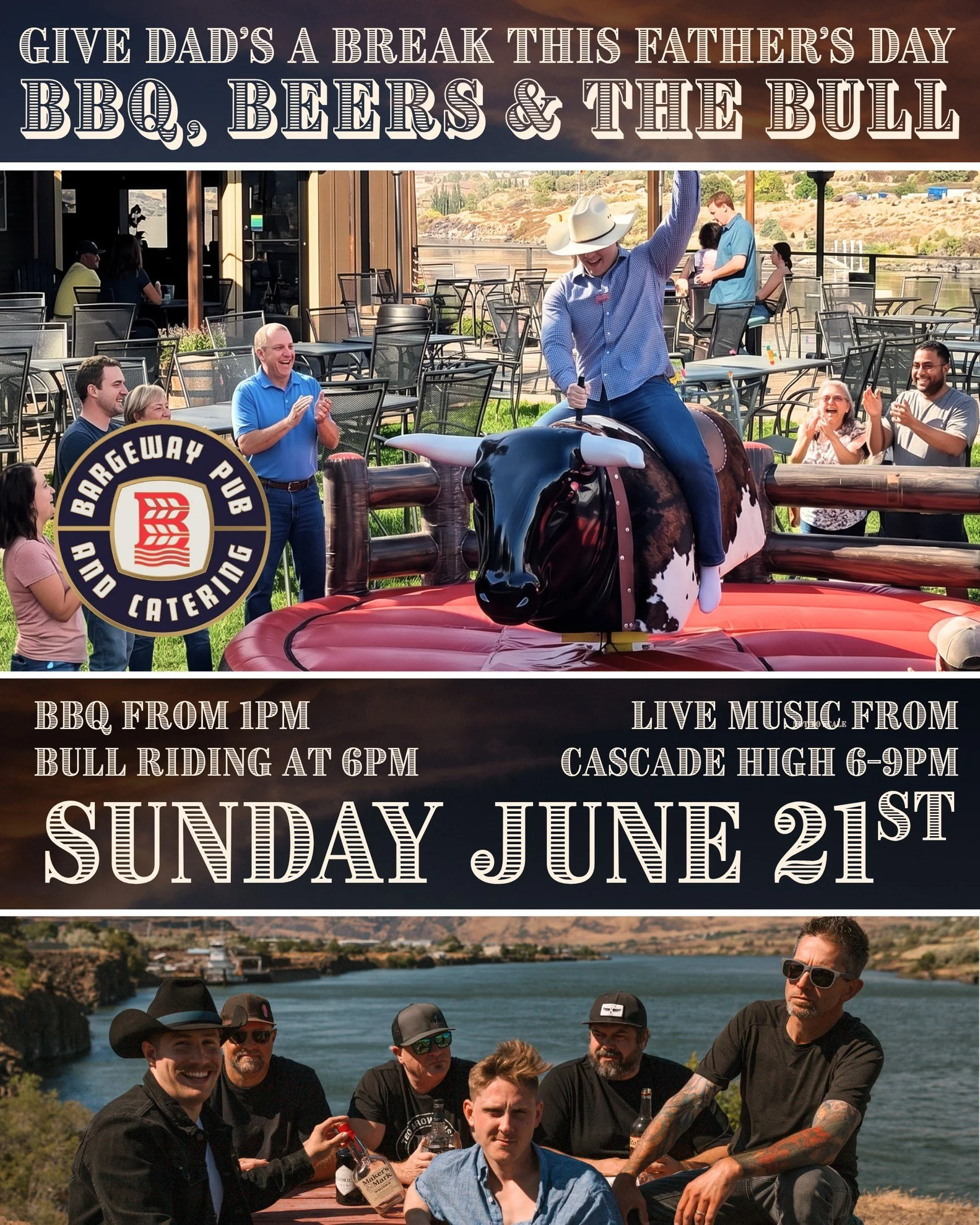Join us for Father's Day this Sunday for BBQ, Beer and The Bull! 
BBQ from 1pm, Live music from Cascade High Band  6-9pm 

We couldn't think of a better way to honor our dads, than a grand ol' time on the patio by the river, playing games, eating bbq