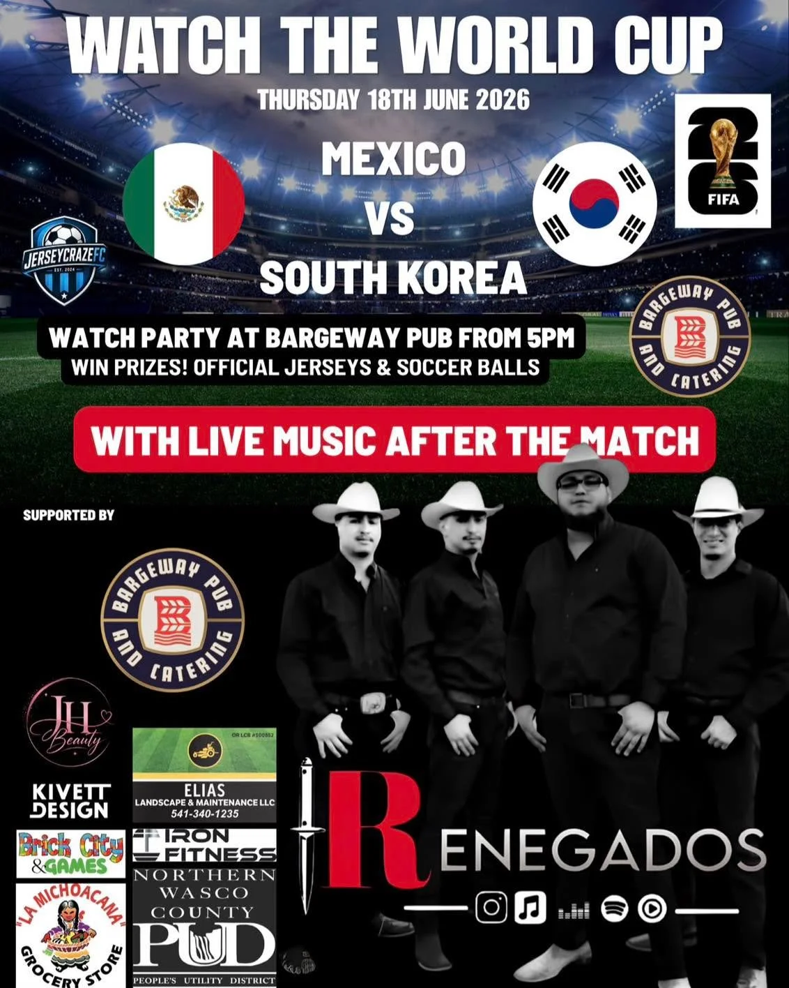 This Thursday, 18th of June!
With @jerseycrazefc 
#BargewayPub #WorldCup2026 #worldcup #ColumbiaRiverGorge #WorldCup2026 #LiveMusicOregon #MusicaLatina #PNWMusic #MatchDay #waterfront #SupportLocalTD #LosRenegados #TheDallesOregon #LiveMusic #Bargewa