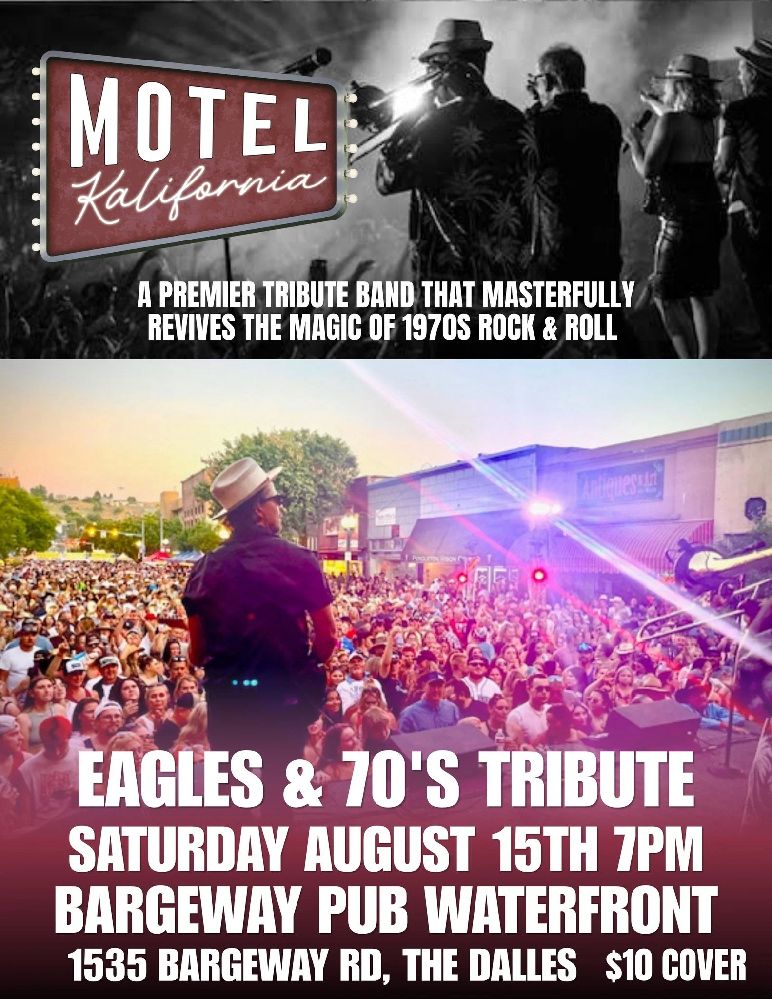 Join us for @motel_kalifornia1  on the Waterfront Stage, Next Saturday, August 15th for another fantastic night of live music, dancing, sunset's and great company at The Bargeway Pub. 
They'll be playing our favorite hits from 1970's, The Eagles and 