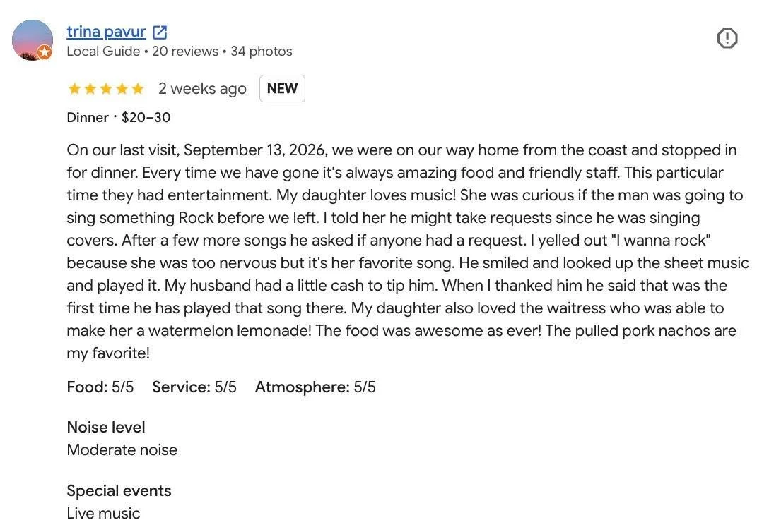 Another Great Review, thank you Trina 

Local Guide &bull; 20 reviews &bull; 34 photos

On our last visit, September 13, 2026, we were on our way home from the coast and stopped in for dinner. Every time we have gone it's always amazing food and frie