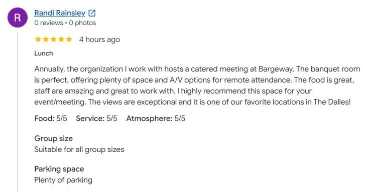 Thanks so much Randi, we love having you guys! 

If you're looking for a place for a work event this holiday season, come look around! 

Give us a call or check out our website for more! 

(541) 370-2345
https://bargewaypub.com/event-space