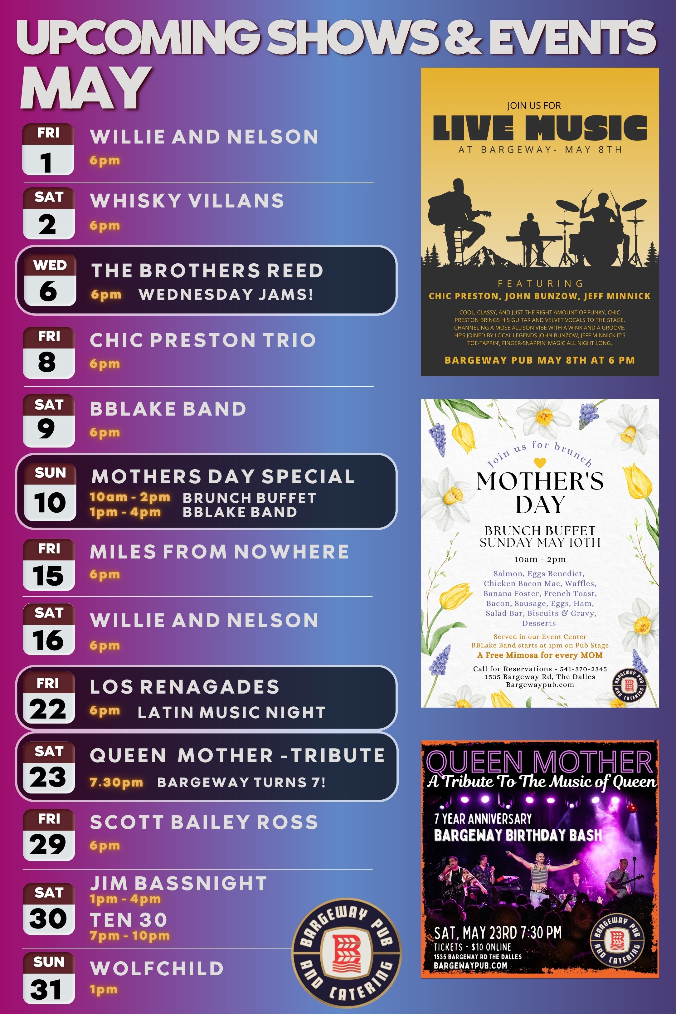 Live Music summer 2026 in The Dalles ORegon May Lineup at Bargeway Pub Riverfront Patio outdoor stage live music dancing