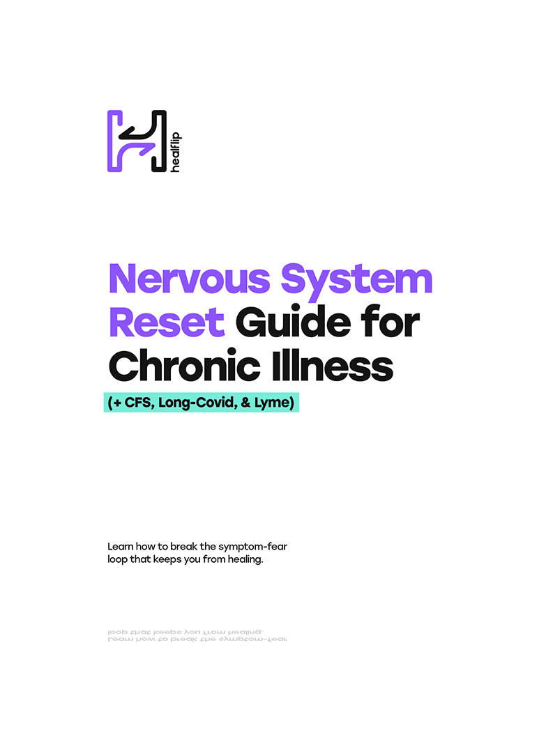 Cover page of a guide titled 'Nervous System Reset Guide for Chronic Illness (+ CFS, Long-Covid, & Lyme)'. Logo at top of page with abstract icon and the word 'healclip'. Subtitle encourages learning how to break the symptom-fear loop that hinders healing.