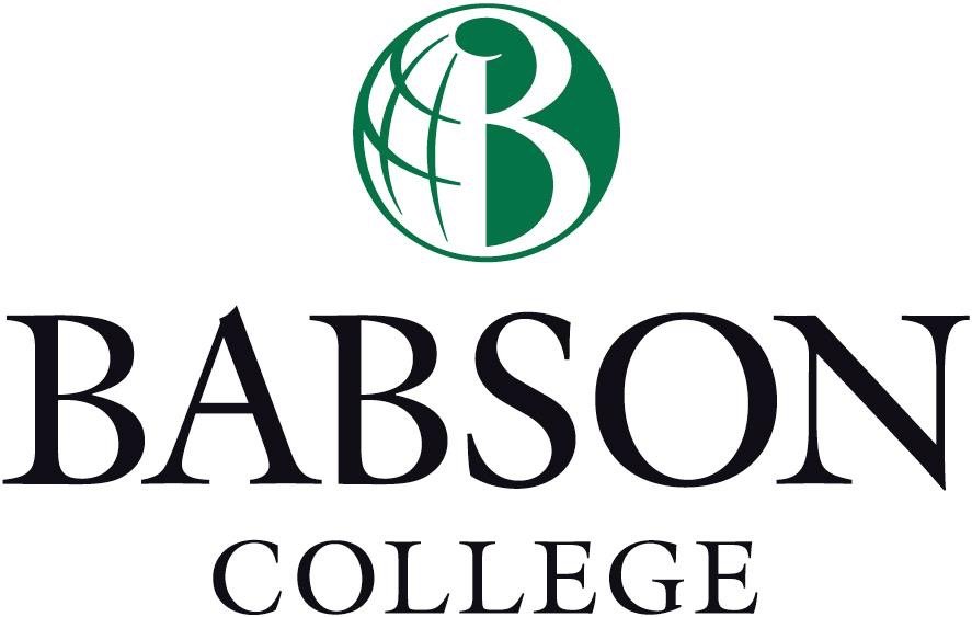 Babson College logo featuring a green globe with the letter B inside, and the words "Babson College" in black text.