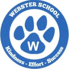 Webster School logo featuring a blue paw print with a white background and the words 'Webster School' around it, along with the motto 'Kindness - Effort - Success'.