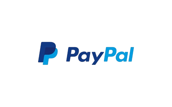PayPal logo with blue lettering and stylized 'P' icon.