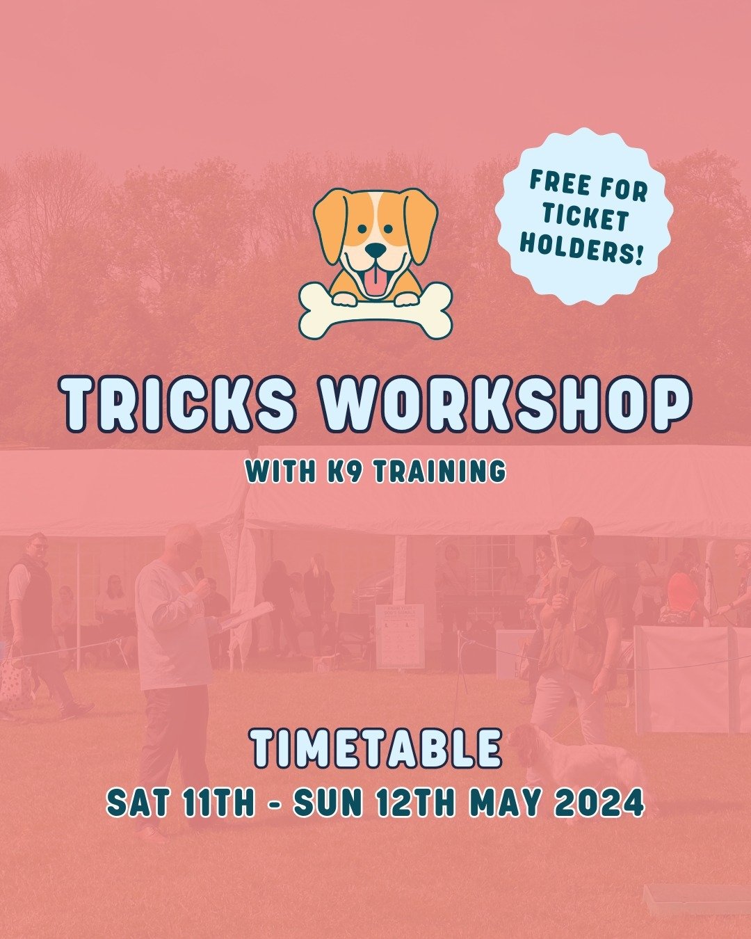 Tricks Workshop with @k9_daycare_and_education timetable has been released! 🐶

FREE Tricks workshop at Dogs Day Out ! 🤩The wonderful Laura from K9 Daycare and Education will be joining us over the weekend to teach you some amazing tricks that you c