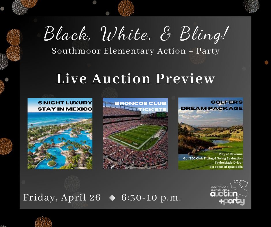 The Southmoor Elementary Live Auction + Party is THIS FRIDAY! 🎉 There are a number of amazing items that will be available *exclusively* at the live event. Buy tickets and view the items up for bid at southmoor.dpsk12.org/auction!