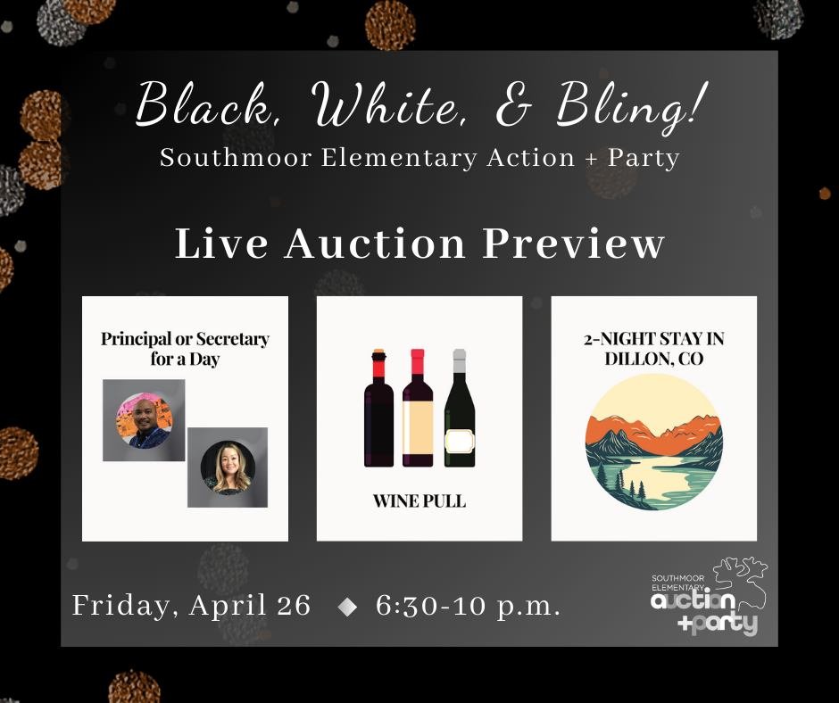 We can&rsquo;t wait to see your Black, White, &amp; Bling at tomorrow&rsquo;s Live Auction + Party! From casual to cocktail attire, let your sparkle shine! 
Visit southmoor.dpsk12.org/auction to grab your tickets or to bid in our Online Auction.