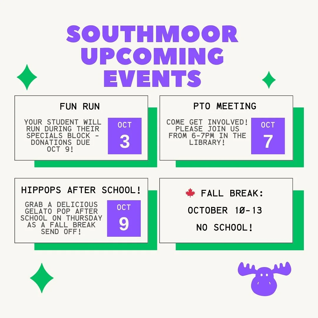 What&rsquo;s coming up at Southmoor? Our Fun Run, a PTO meeting, and gelato pops! 

🏃&zwj;♀️🏃🏽🏃🏾&zwj;♂️🏃🏻&zwj;♀️ Friday, Oct 3: FUN RUN! 
&gt; Email campaigns and Early Bird donations are DUE TODAY! 
&gt; Your child&rsquo;s fun run will occur 
