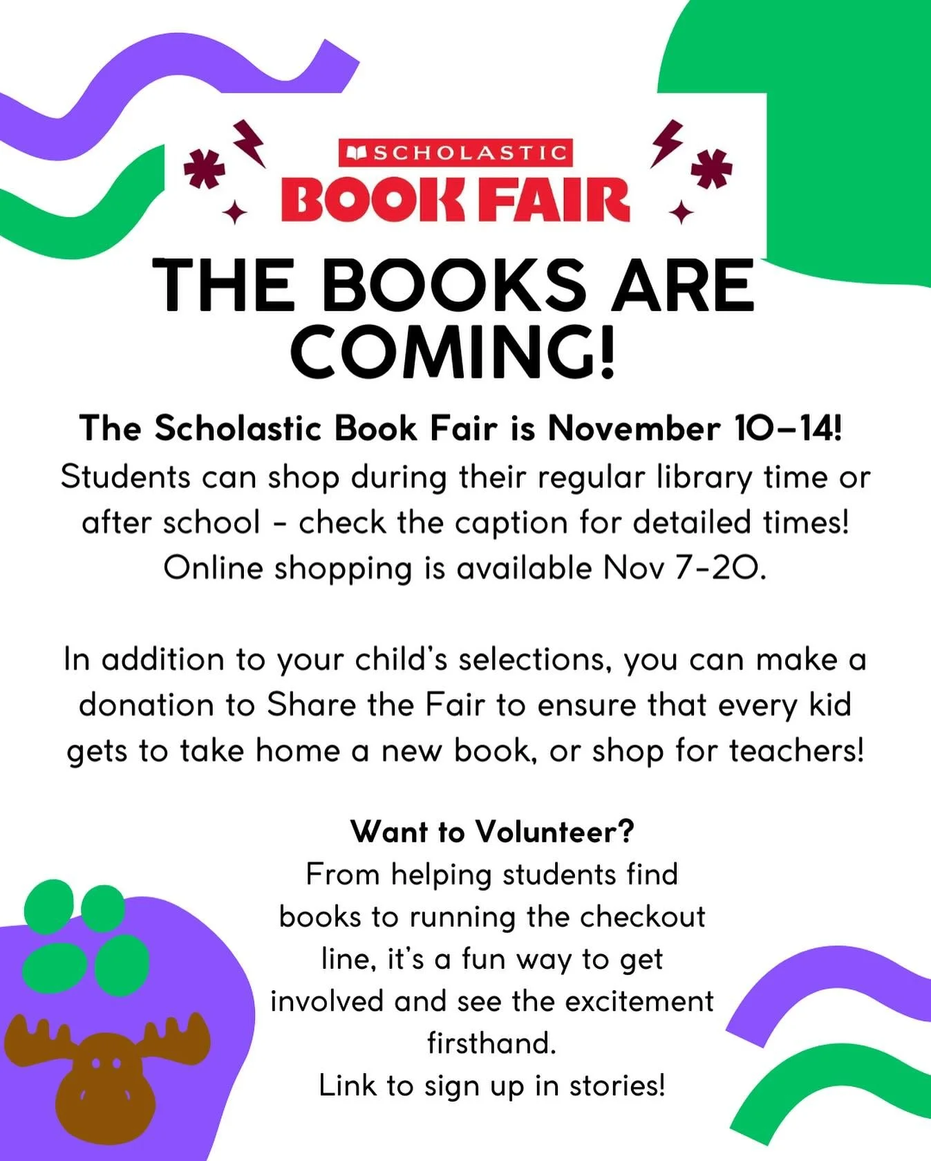 Get ready - the Scholastic Book Fair is coming to Southmoor Elementary! 📚
When: November 10–14
Students can shop during their regular library time or after school.
 ➡️ Shopping Hours:
* Monday: 9:30 AM – 10:00 AM (ECE Only)
* Tues