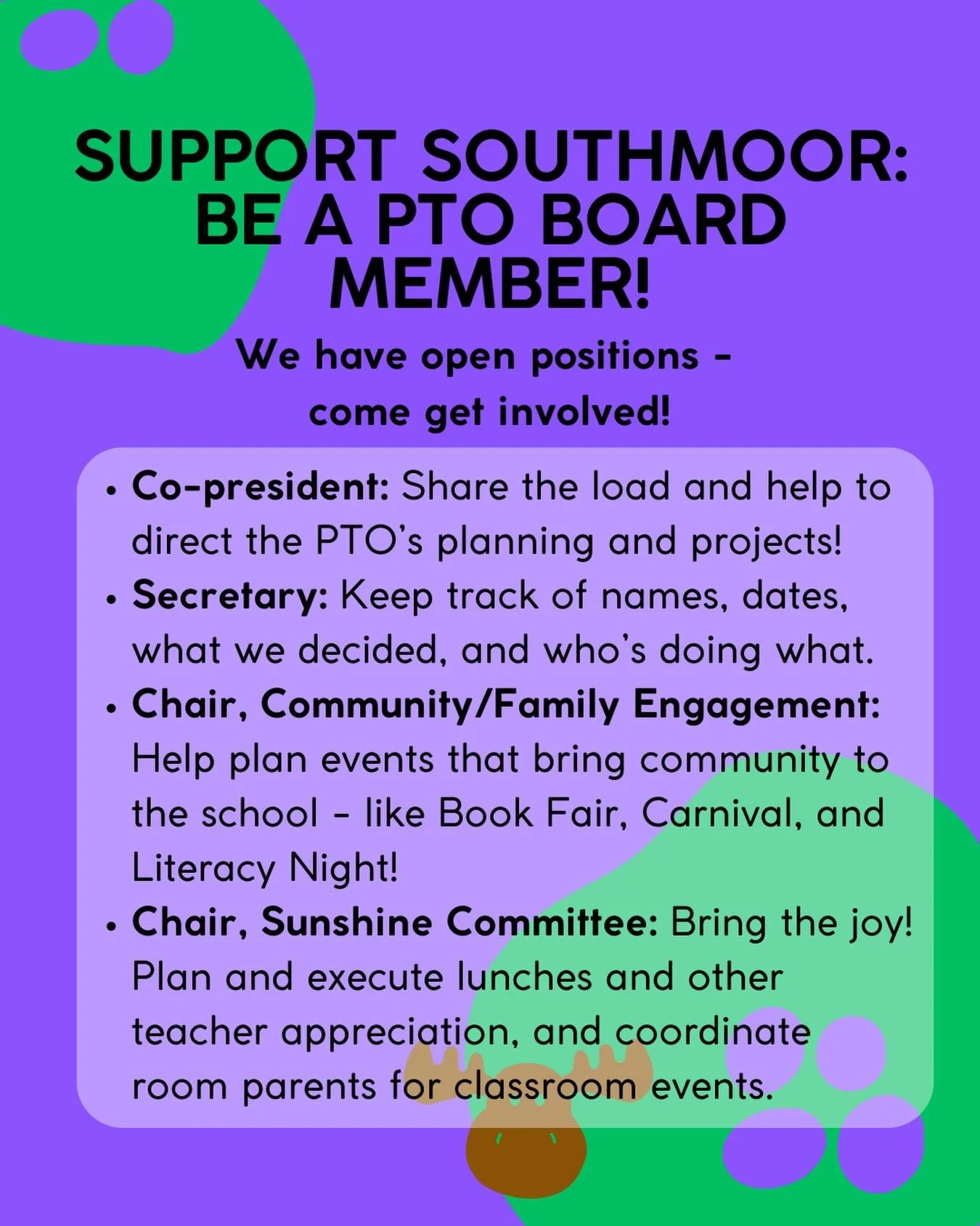 Are you looking for a way to be more involved in the Southmoor community on a regular basis? We have open PTO board positions and are looking for passionate and excited individuals to help support our leadership team!

➡️ Co-president: Work with our 