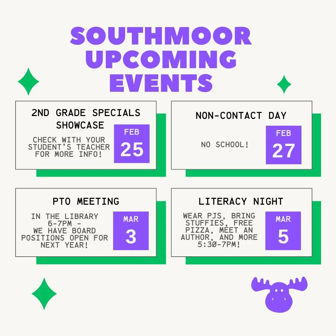 Happy Tuesday, Southmoor Community! 

Today, Tuesday 2/24 at pickup (3-3:30ish) - drop off your $20+ bottles of wine for the auction wine pull! You can also bring them to the Southmoor Moms Happy Hour tonight if you&rsquo;re attending.

Weds 2/25 is 