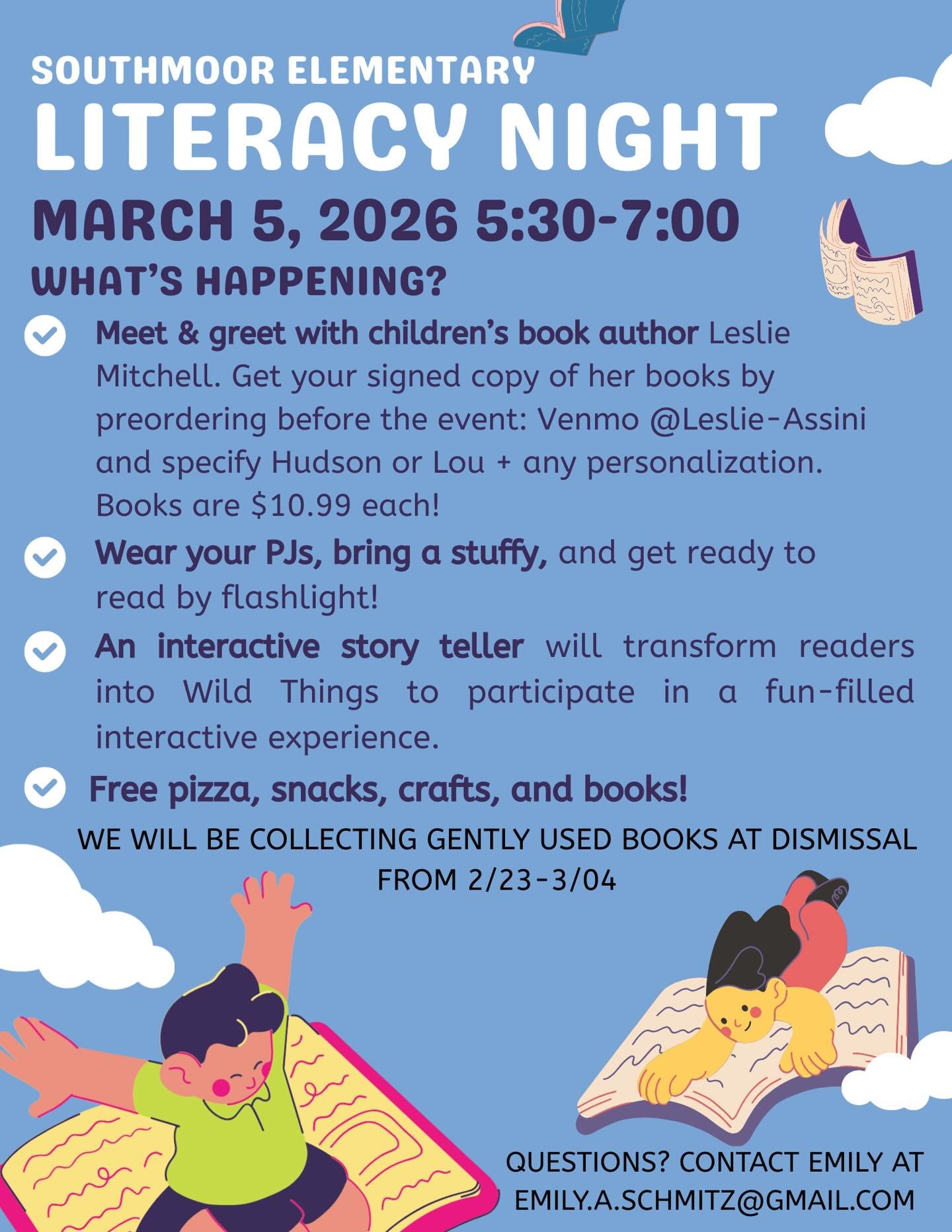 Mark your calendars for Literacy Night: Thursday, March 5th from 5:30-7pm! 📚📚📚

Reading Week is March 2-6, and Literacy Night is our celebration of all things reading! Author Leslie Mitchell will be hosting a meet and greet, and reading her books: