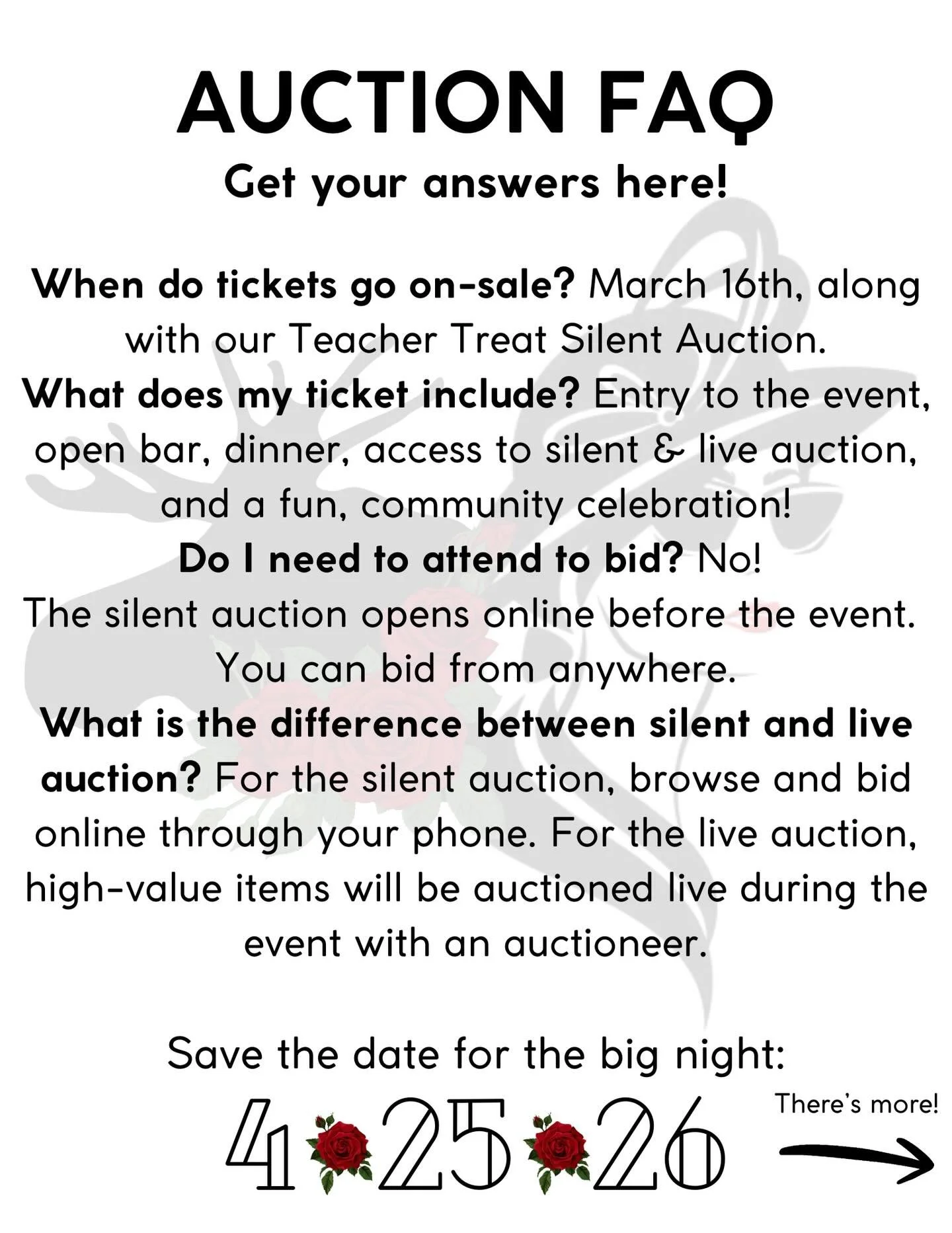 ❓Do you have questions about the auction? We have answers!

🗓️ When do tickets go on sale?
Tickets go on sale March 16th, along with our Teacher Treat Silent Auction.

🎟️ What does my ticket include?
* Entry to the event
* Open bar
* Dinner&nbsp;
*