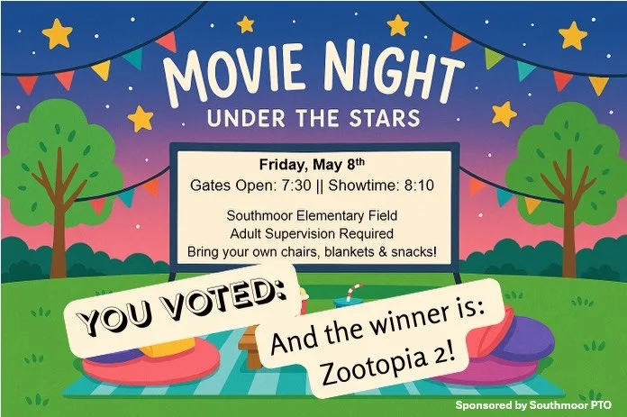 🍿 Southmoor, you voted on Movie Night, and the winner (by a large margin!) was Zootopia 2! 

So join us, along with Nick Wilde🦊 and Judy Hopps🐰, this Friday, May 8th, on the Southmoor Field - bring your own chairs/blankets/snacks. Gates at 7:30, s