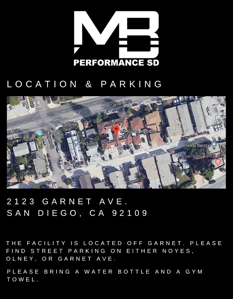 Map and directions for MB Performance SD located at 2123 Garnet Ave, San Diego, CA 92109, with instructions to park on Noyes, Olney, or Garnet Ave and to bring water and a gym towel.