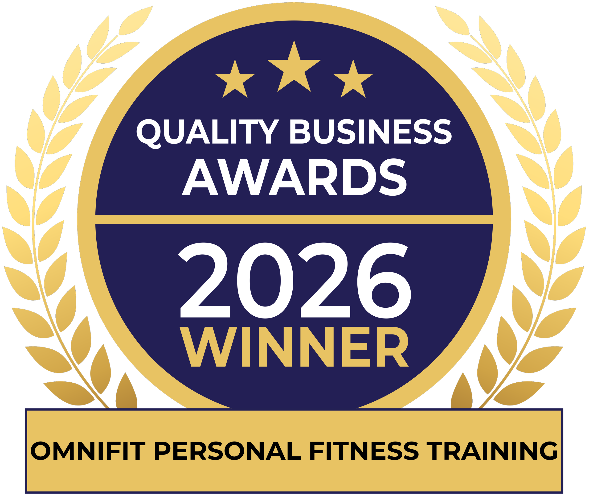 A badge with a dark blue background and gold accents, displaying 'Quality Business Awards 2026 Winner' and an inscription reading 'Omnfit Personal Fitness Training' at the bottom.