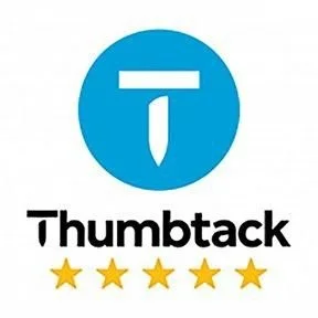 Thumbtack logo featuring a blue circle with a white thumbtack icon and the word 'Thumbtack' underneath, followed by five gold stars.
