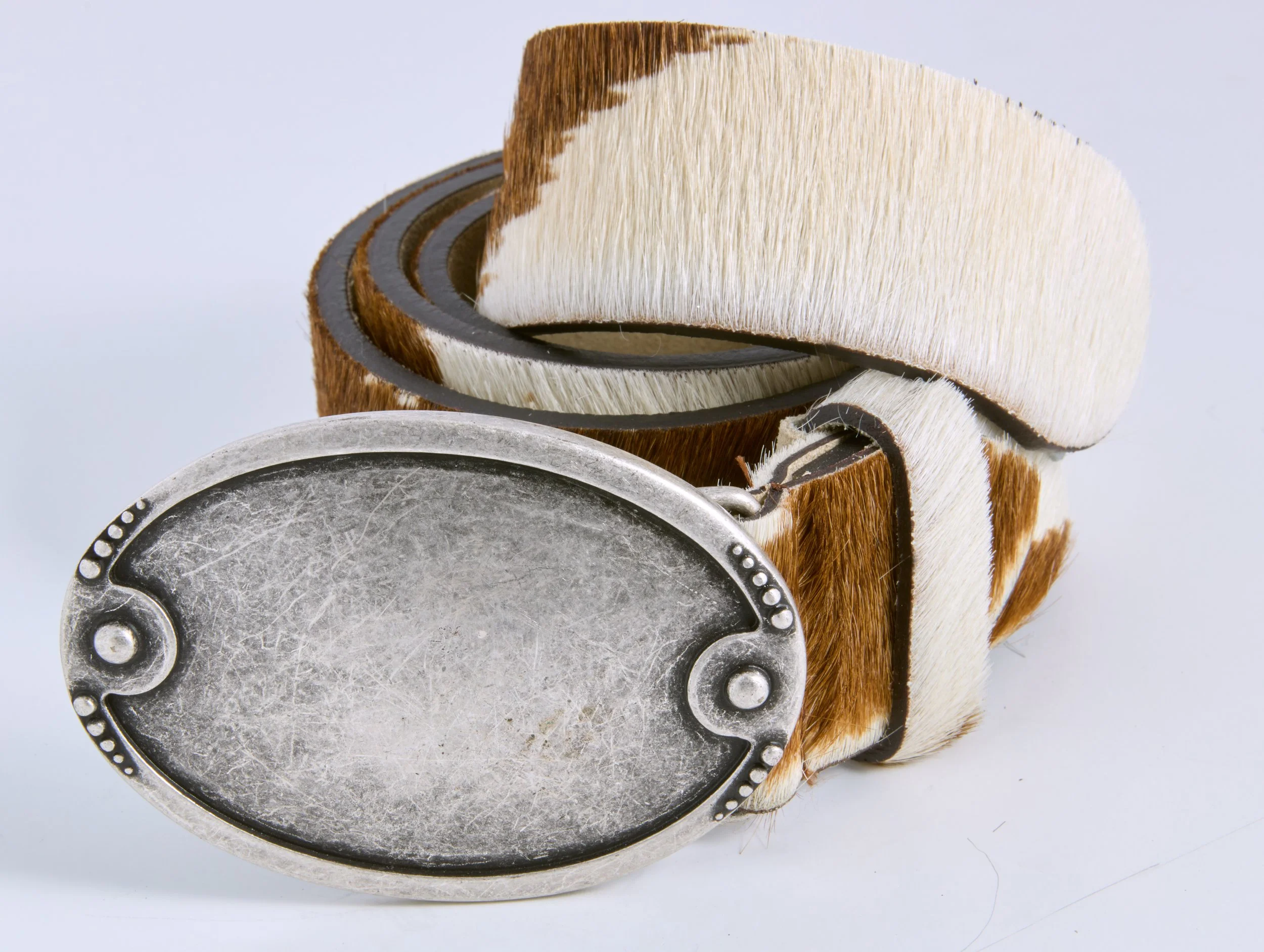 Besso Collection - Brown & White Cowskin with Pewter Buckle on Genuine Leather
