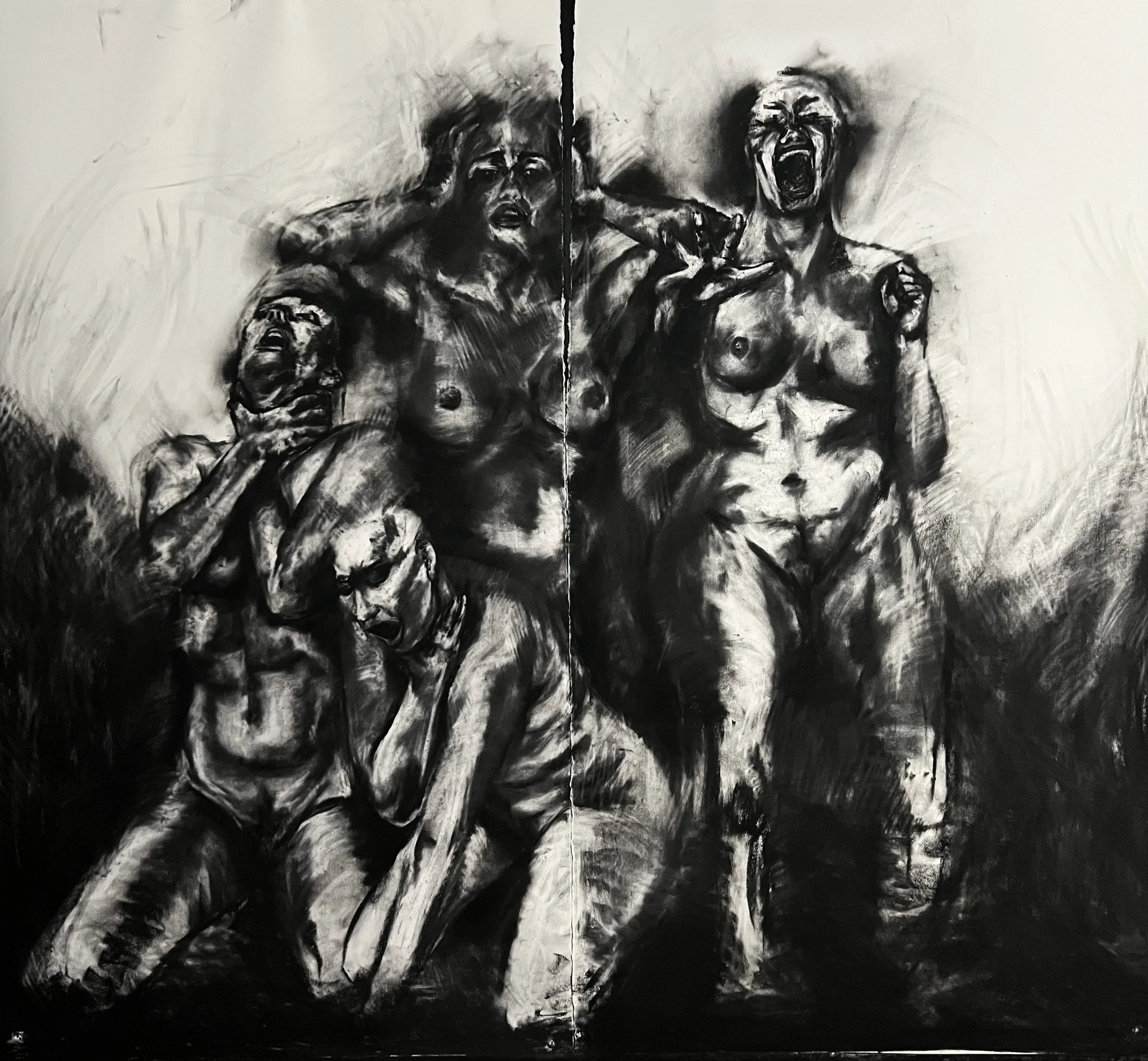 Distraction, 2022, Charcoal on Paper, Wood, 84" x 84", Drawing Available