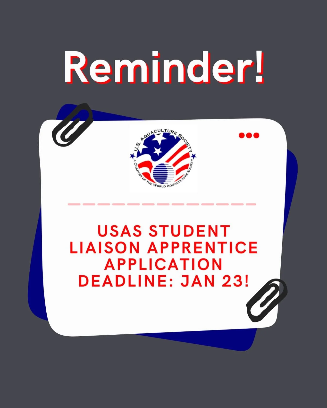 The U.S. Aquaculture Society is now accepting applications for the Student Liaison Apprentice position. This is a unique opportunity to represent student members and gain leadership experience within USAS.

This role includes working closely with the