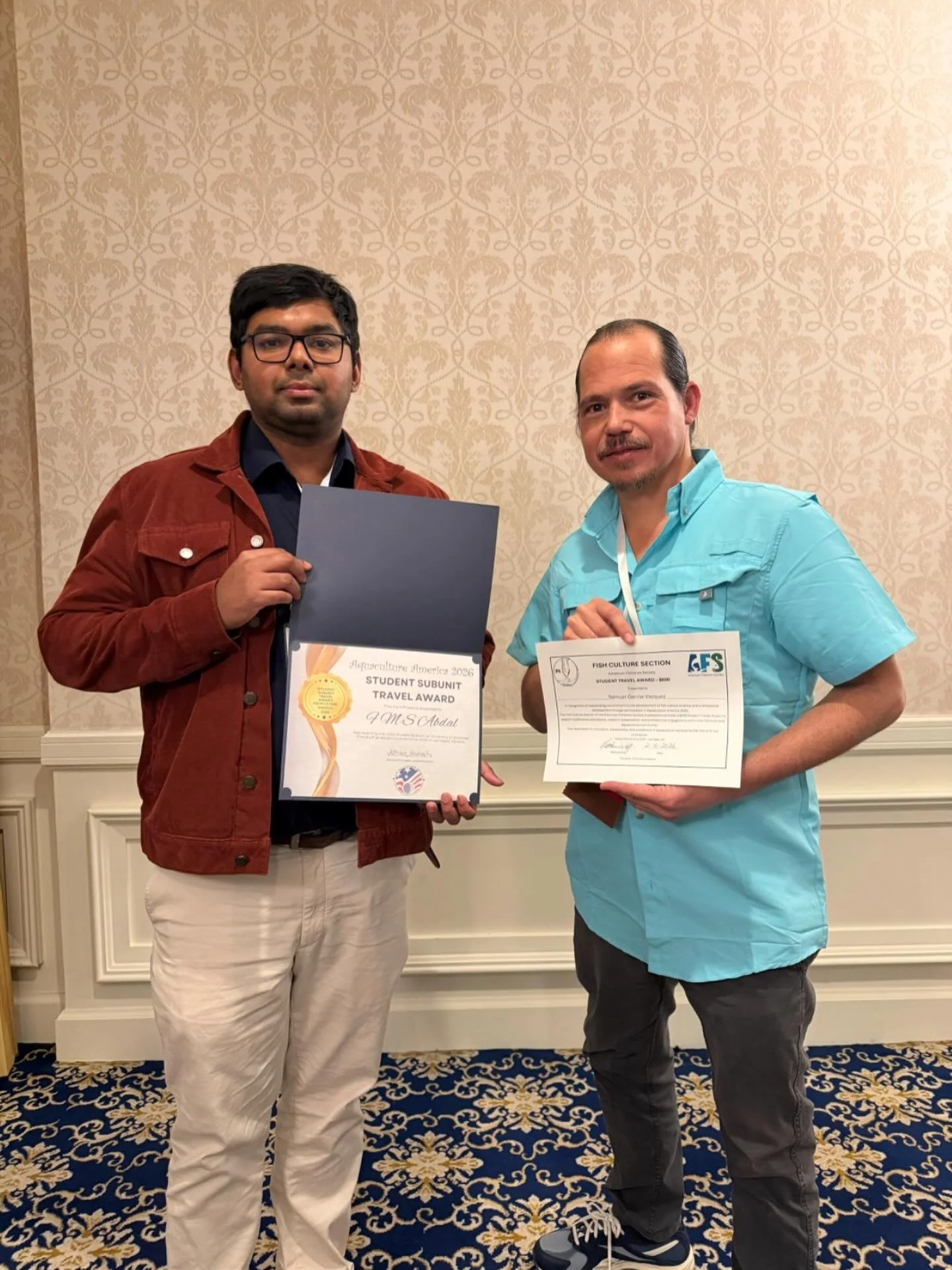 UAPB Students Honored at the World Aquaculture Society Meeting!

Samuel Garc&iacute;a-V&aacute;zquez, a Ph.D. student at the University of Arkansas at Pine Bluff, is conducting aquaculture research to improve production techniques for commercial suns