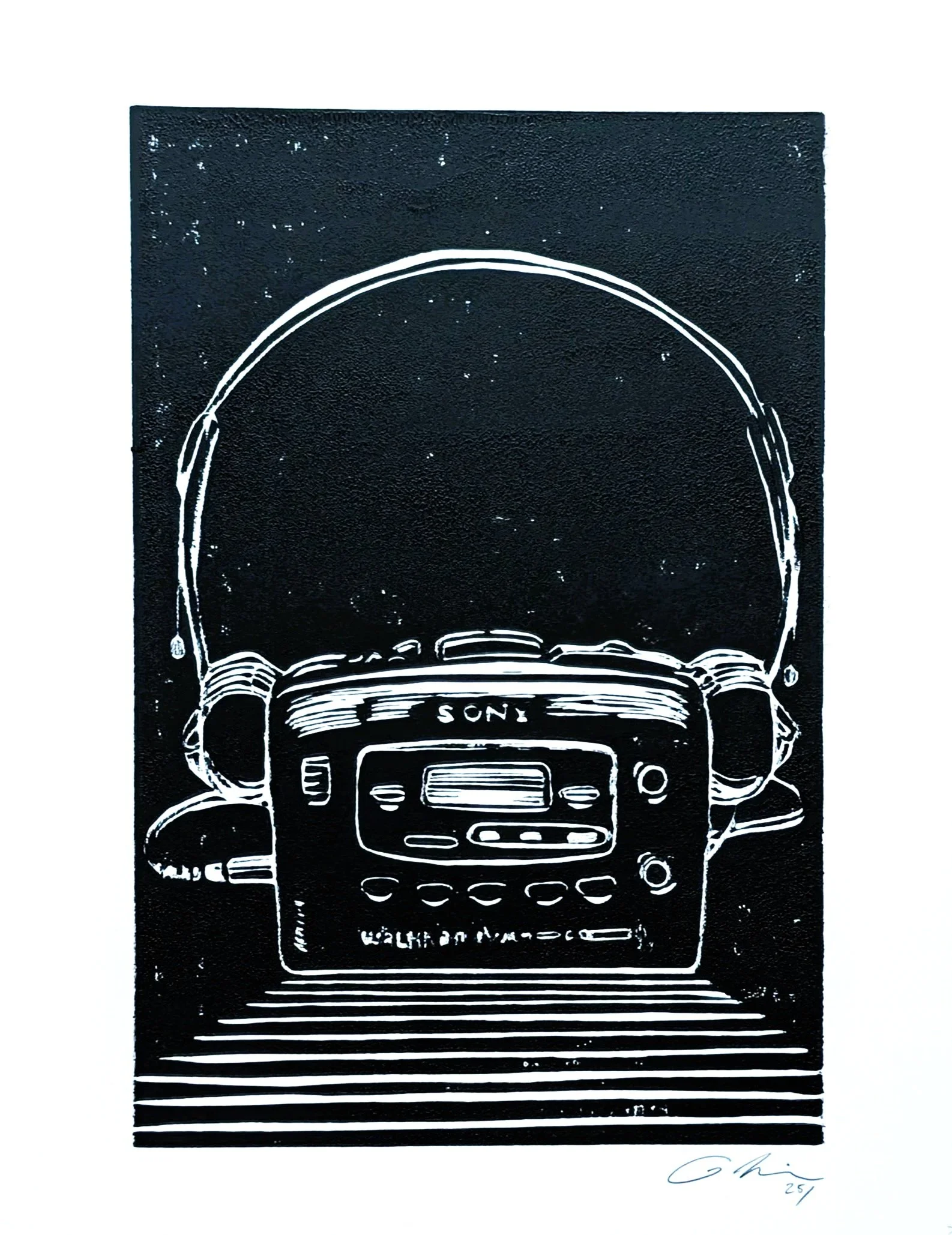 "Walkman With Headphones", linocut block print, 6" x 9", June 2025