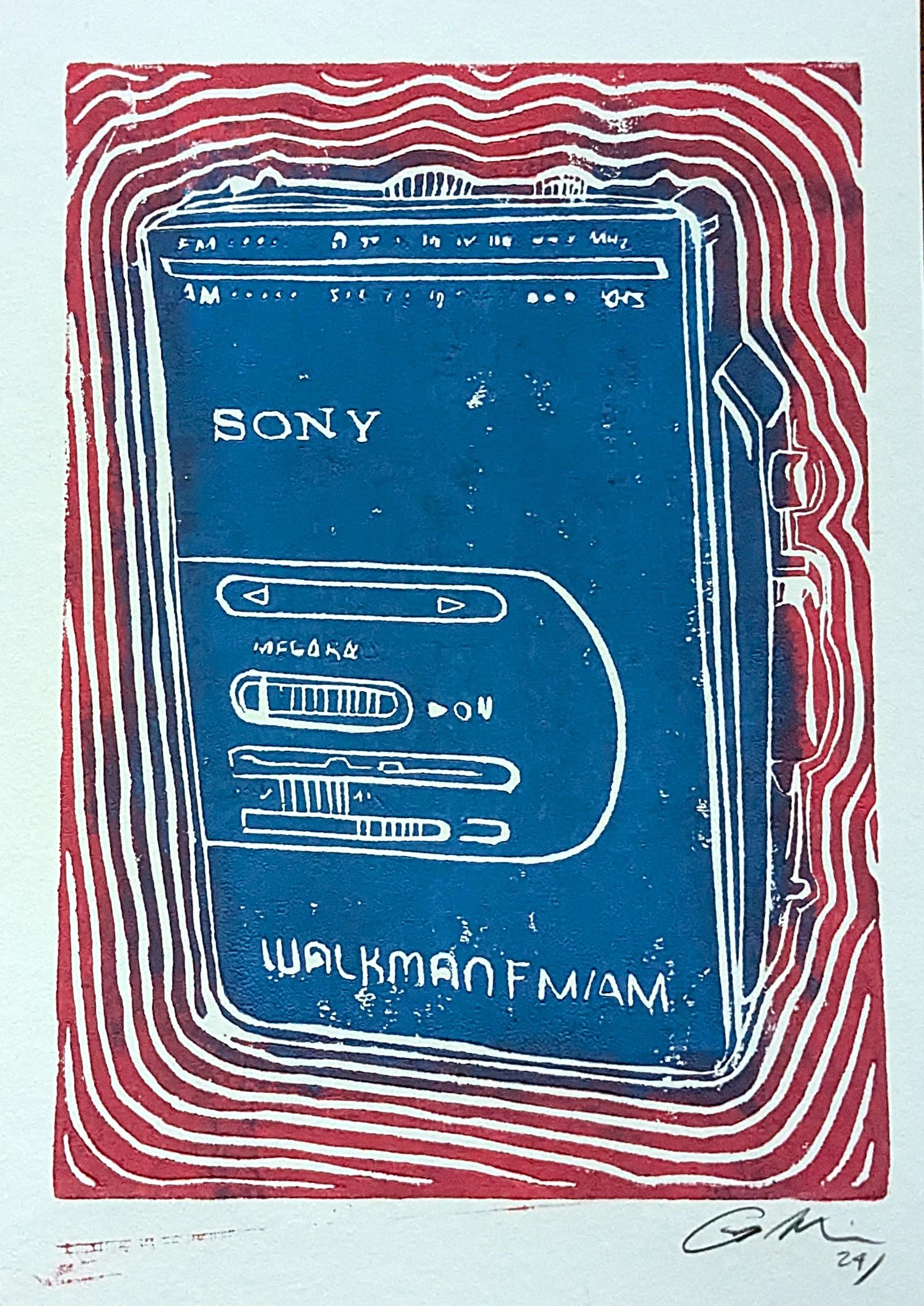 "Walkman FM/AM", linocut block print, 5" x 7", February 2024